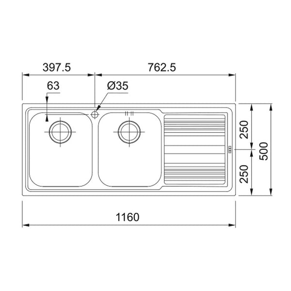 Franke Inset Sink, Logica Line LLX621, Flush Mount, 2 Bowl, 1160(L) x 500(W) x 205(D)mm, Stainless Steel Sinks