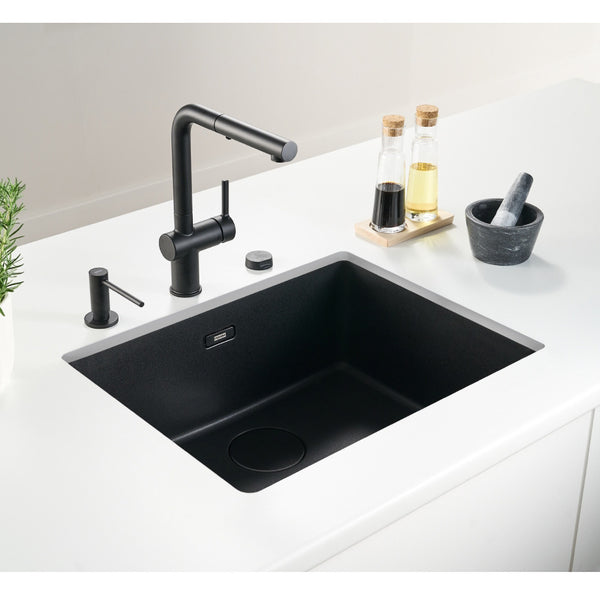 Compact single bowl granite sink with a sleek matt black finish, perfect for modern kitchens