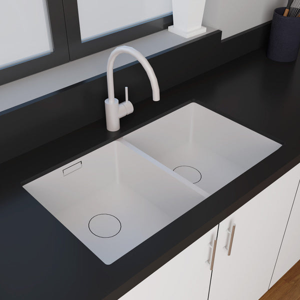 Stylish granite sink with two bowls and a sleek white finish, ideal for contemporary kitchens