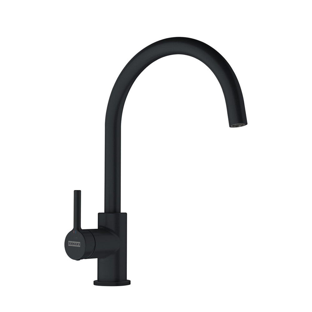 Franke LINA XL Matt Black Stainless Steel Kitchen Mixer Tap with 360° Swivel and Single Lever Control – A sleek and durable kitchen faucet featuring a ceramic disc cartridge for drip-free performance, smooth water flow, and modern design. Ideal for contemporary kitchens with worktop or sink installation.