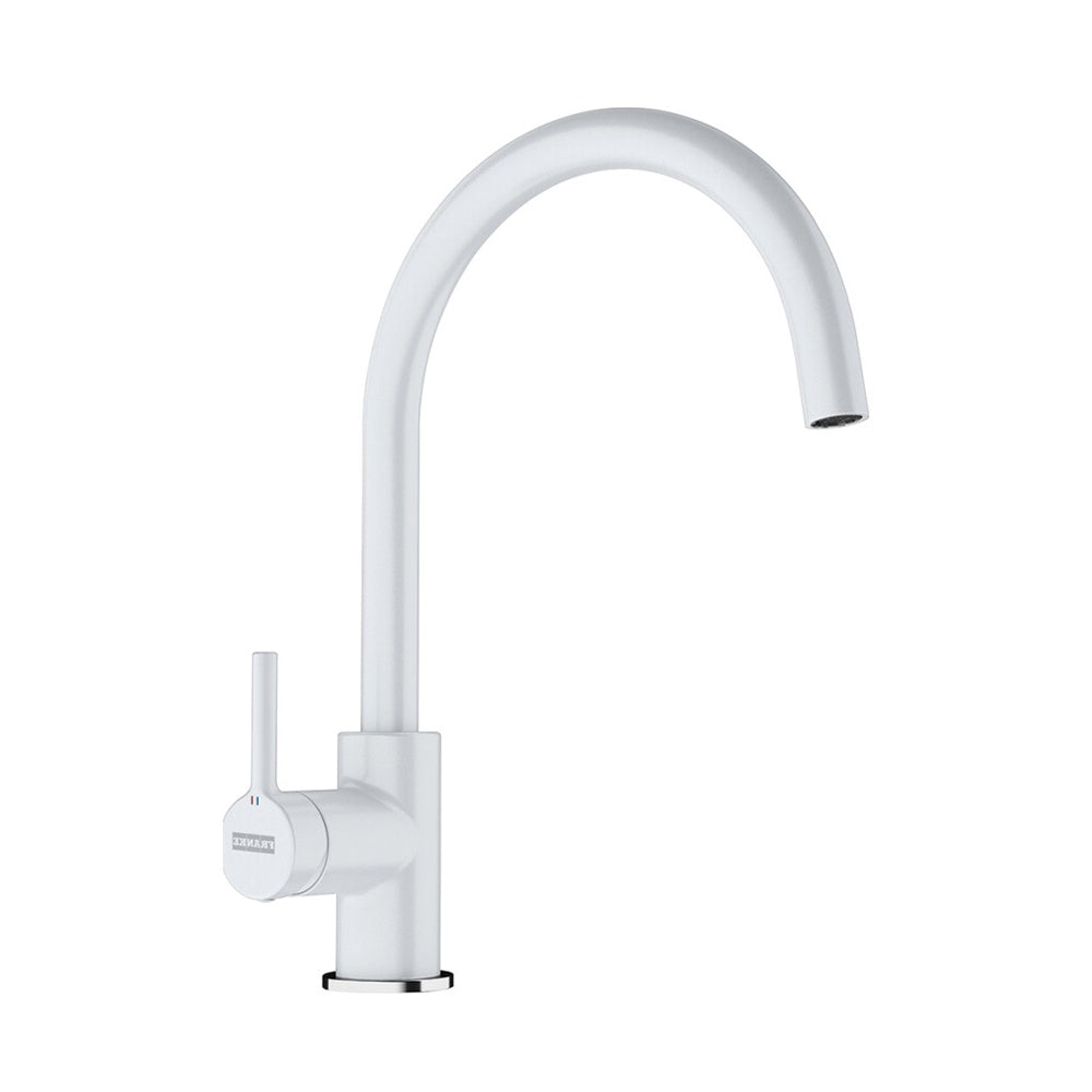 Franke LINA XL Polar White Kitchen Mixer Tap – Single Lever, 360° Swivel
Stylish polar white kitchen mixer with a single-lever design, featuring 360-degree rotation for maximum flexibility. Crafted from stainless steel with a ceramic finish, this modern kitchen faucet offers durability and smooth operation with its ceramic disc cartridge.