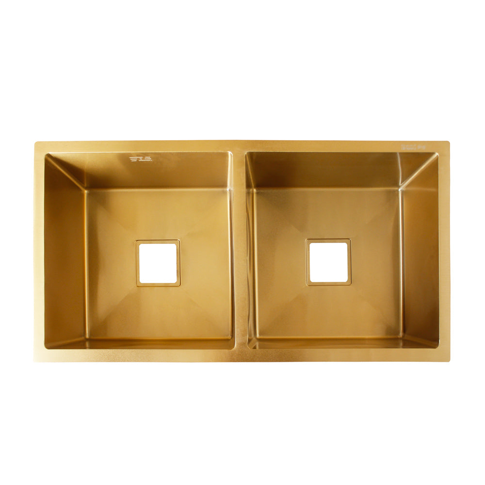 Gold-plated 2-bowl sink with waste fitting