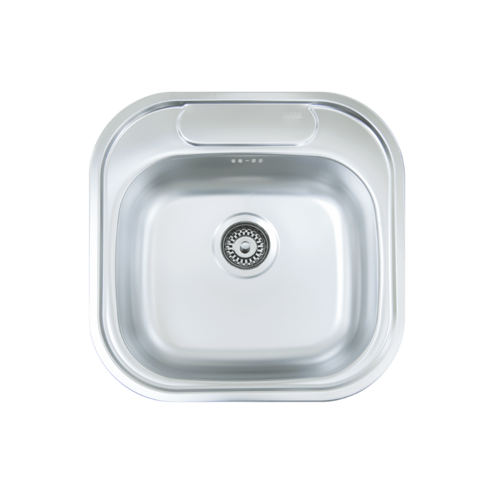 Hans stainless steel single bowl sink with a chrome-plated finish and top mount installation.